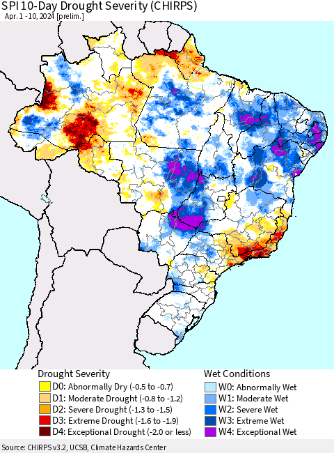 Brazil SPI 10-Day Drought Severity (CHIRPS) Thematic Map For 4/1/2024 - 4/10/2024