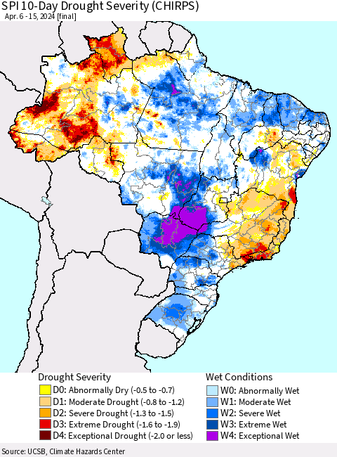 Brazil SPI 10-Day Drought Severity (CHIRPS) Thematic Map For 4/6/2024 - 4/15/2024