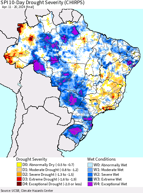 Brazil SPI 10-Day Drought Severity (CHIRPS) Thematic Map For 4/11/2024 - 4/20/2024