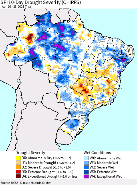 Brazil SPI 10-Day Drought Severity (CHIRPS) Thematic Map For 4/16/2024 - 4/25/2024