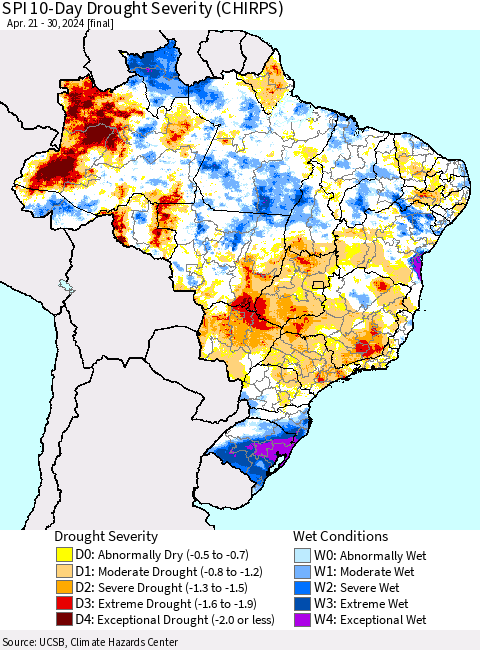 Brazil SPI 10-Day Drought Severity (CHIRPS) Thematic Map For 4/21/2024 - 4/30/2024