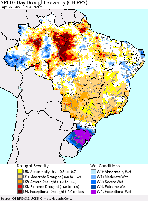 Brazil SPI 10-Day Drought Severity (CHIRPS) Thematic Map For 4/26/2024 - 5/5/2024