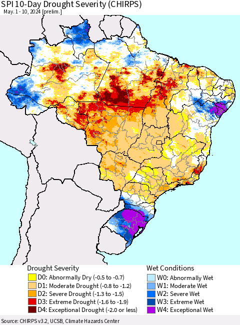 Brazil SPI 10-Day Drought Severity (CHIRPS) Thematic Map For 5/1/2024 - 5/10/2024