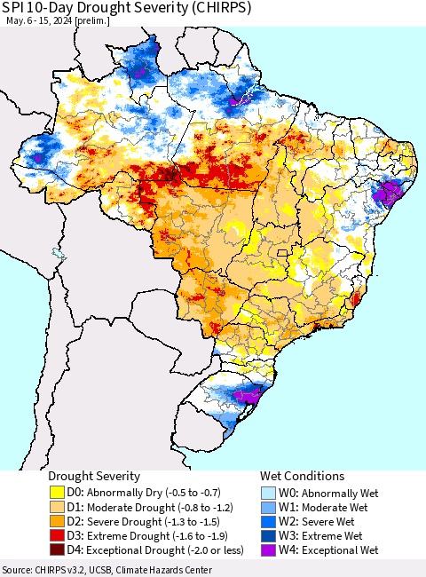 Brazil SPI 10-Day Drought Severity (CHIRPS) Thematic Map For 5/6/2024 - 5/15/2024