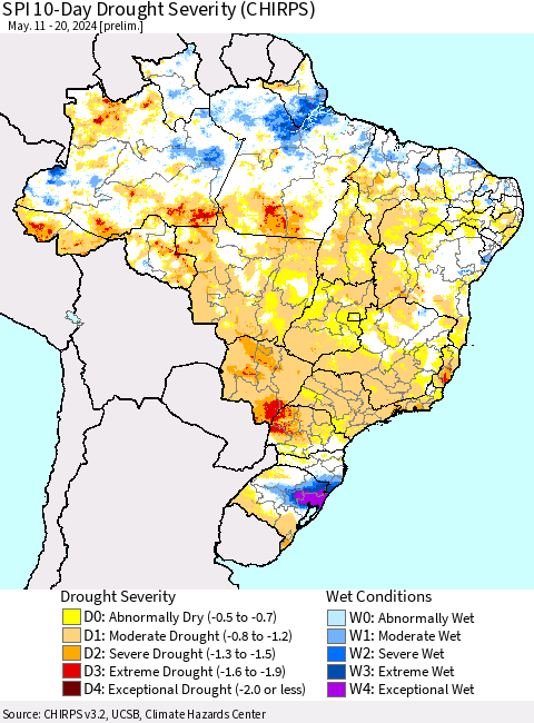 Brazil SPI 10-Day Drought Severity (CHIRPS) Thematic Map For 5/11/2024 - 5/20/2024