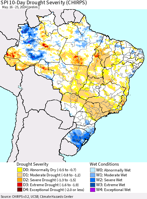 Brazil SPI 10-Day Drought Severity (CHIRPS) Thematic Map For 5/16/2024 - 5/25/2024