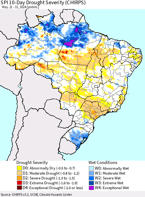Brazil SPI 10-Day Drought Severity (CHIRPS) Thematic Map For 5/21/2024 - 5/31/2024
