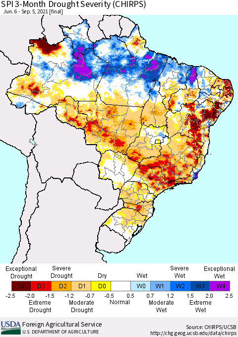 Brazil SPI 3-Month Drought Severity (CHIRPS) Thematic Map For 6/6/2021 - 9/5/2021
