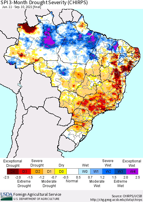 Brazil SPI 3-Month Drought Severity (CHIRPS) Thematic Map For 6/11/2021 - 9/10/2021