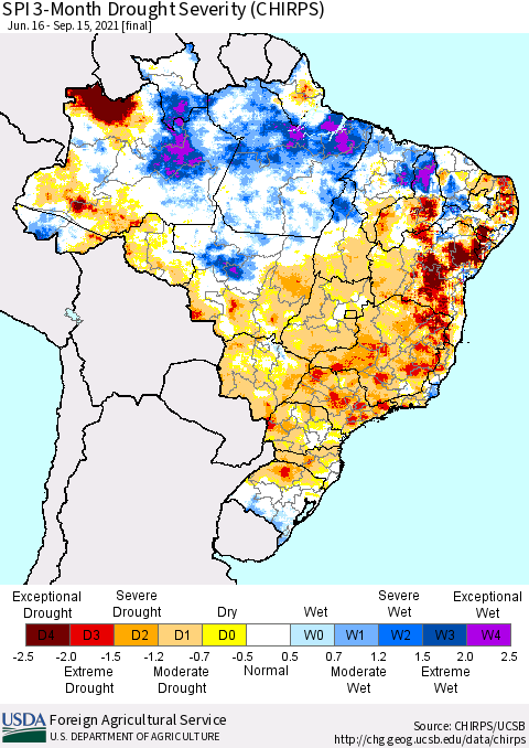 Brazil SPI 3-Month Drought Severity (CHIRPS) Thematic Map For 6/16/2021 - 9/15/2021