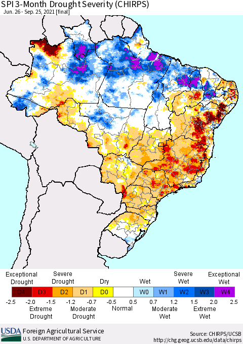 Brazil SPI 3-Month Drought Severity (CHIRPS) Thematic Map For 6/26/2021 - 9/25/2021