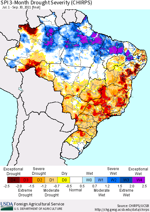 Brazil SPI 3-Month Drought Severity (CHIRPS) Thematic Map For 7/1/2021 - 9/30/2021