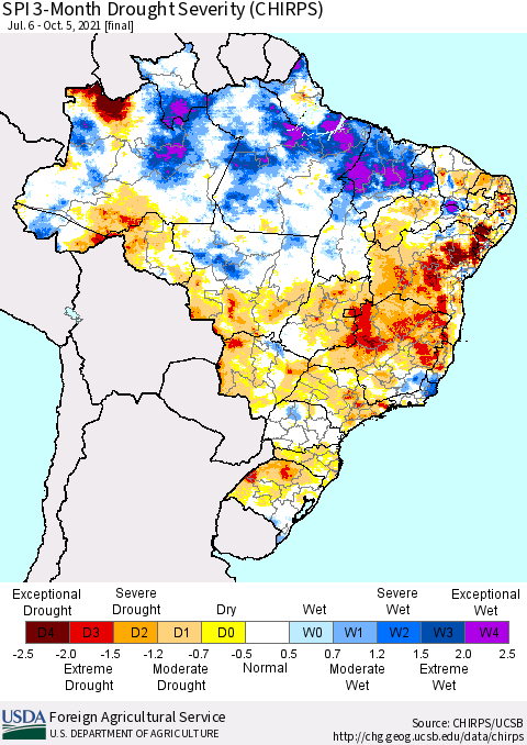 Brazil SPI 3-Month Drought Severity (CHIRPS) Thematic Map For 7/6/2021 - 10/5/2021