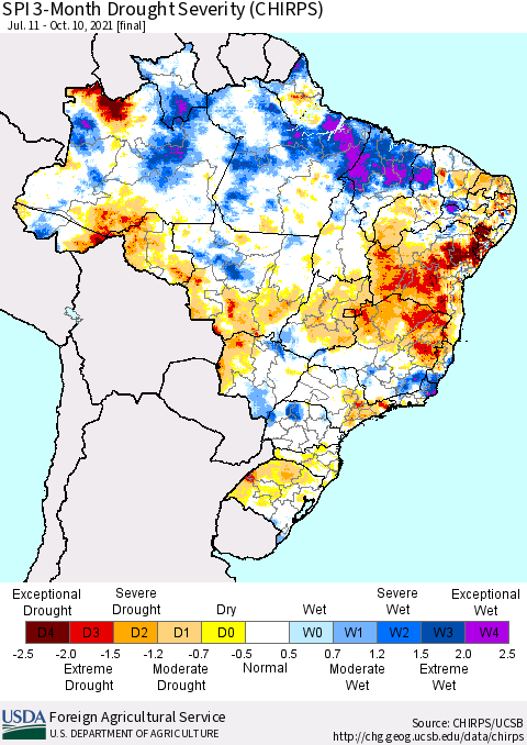 Brazil SPI 3-Month Drought Severity (CHIRPS) Thematic Map For 7/11/2021 - 10/10/2021