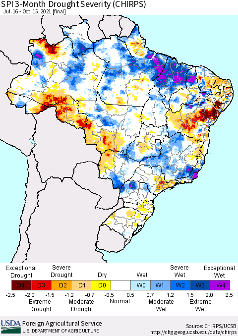 Brazil SPI 3-Month Drought Severity (CHIRPS) Thematic Map For 7/16/2021 - 10/15/2021