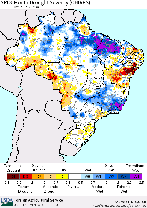 Brazil SPI 3-Month Drought Severity (CHIRPS) Thematic Map For 7/21/2021 - 10/20/2021