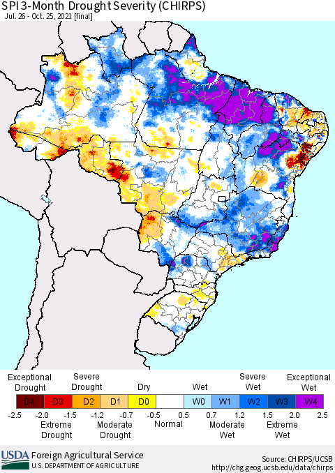 Brazil SPI 3-Month Drought Severity (CHIRPS) Thematic Map For 7/26/2021 - 10/25/2021