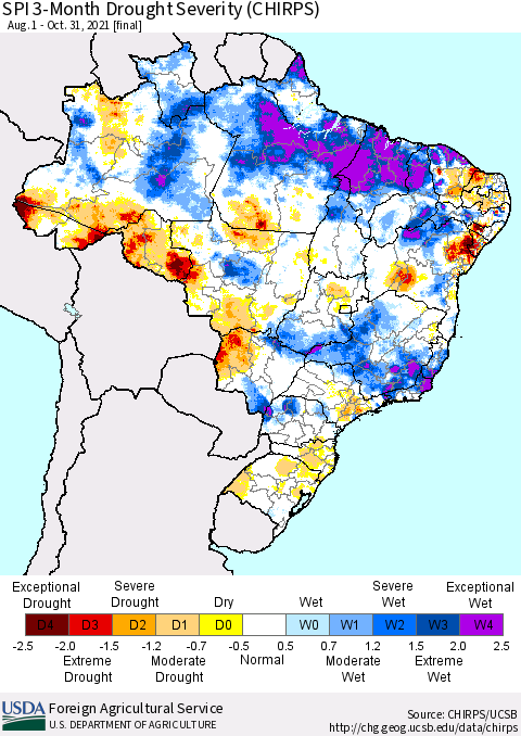 Brazil SPI 3-Month Drought Severity (CHIRPS) Thematic Map For 8/1/2021 - 10/31/2021