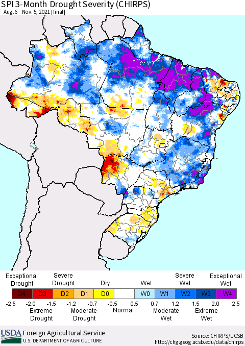 Brazil SPI 3-Month Drought Severity (CHIRPS) Thematic Map For 8/6/2021 - 11/5/2021