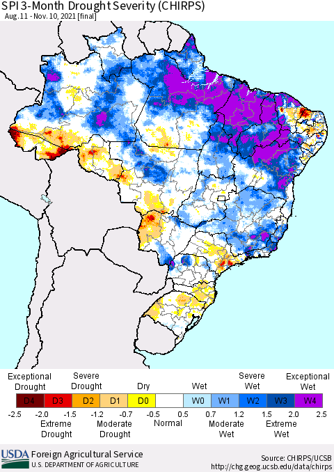 Brazil SPI 3-Month Drought Severity (CHIRPS) Thematic Map For 8/11/2021 - 11/10/2021