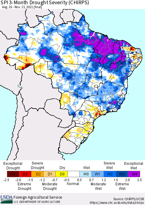 Brazil SPI 3-Month Drought Severity (CHIRPS) Thematic Map For 8/16/2021 - 11/15/2021