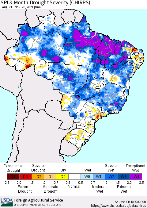 Brazil SPI 3-Month Drought Severity (CHIRPS) Thematic Map For 8/21/2021 - 11/20/2021