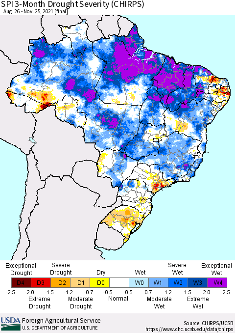Brazil SPI 3-Month Drought Severity (CHIRPS) Thematic Map For 8/26/2021 - 11/25/2021