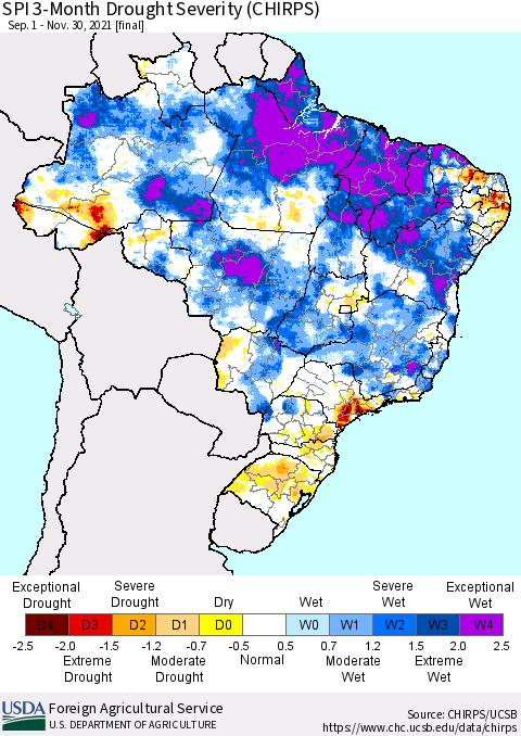 Brazil SPI 3-Month Drought Severity (CHIRPS) Thematic Map For 9/1/2021 - 11/30/2021