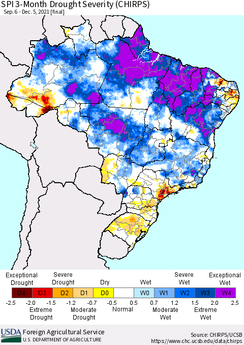 Brazil SPI 3-Month Drought Severity (CHIRPS) Thematic Map For 9/6/2021 - 12/5/2021