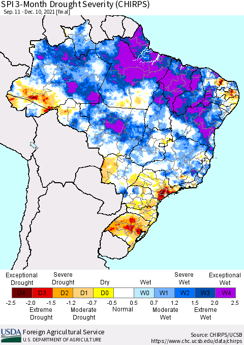 Brazil SPI 3-Month Drought Severity (CHIRPS) Thematic Map For 9/11/2021 - 12/10/2021