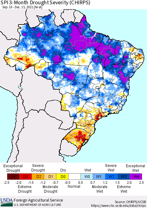 Brazil SPI 3-Month Drought Severity (CHIRPS) Thematic Map For 9/16/2021 - 12/15/2021