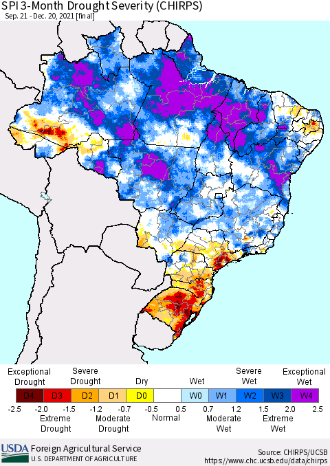 Brazil SPI 3-Month Drought Severity (CHIRPS) Thematic Map For 9/21/2021 - 12/20/2021