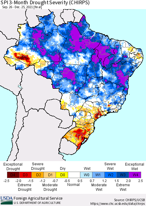 Brazil SPI 3-Month Drought Severity (CHIRPS) Thematic Map For 9/26/2021 - 12/25/2021