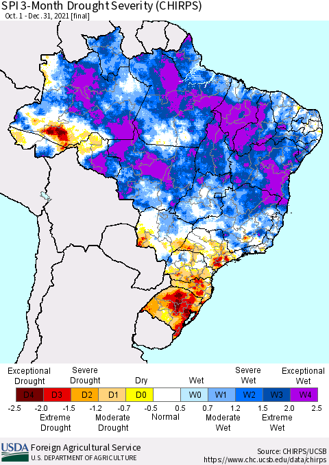 Brazil SPI 3-Month Drought Severity (CHIRPS) Thematic Map For 10/1/2021 - 12/31/2021