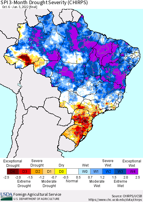 Brazil SPI 3-Month Drought Severity (CHIRPS) Thematic Map For 10/6/2021 - 1/5/2022