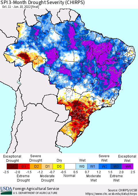Brazil SPI 3-Month Drought Severity (CHIRPS) Thematic Map For 10/11/2021 - 1/10/2022