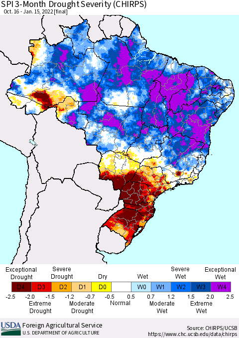 Brazil SPI 3-Month Drought Severity (CHIRPS) Thematic Map For 10/16/2021 - 1/15/2022
