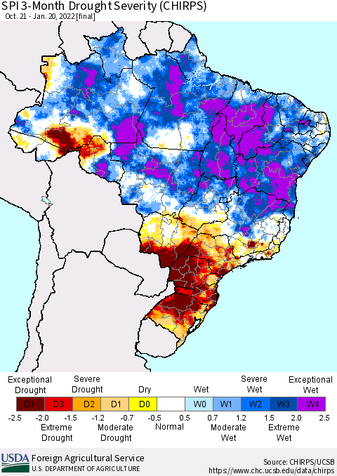 Brazil SPI 3-Month Drought Severity (CHIRPS) Thematic Map For 10/21/2021 - 1/20/2022