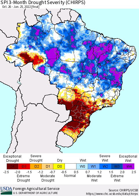 Brazil SPI 3-Month Drought Severity (CHIRPS) Thematic Map For 10/26/2021 - 1/25/2022