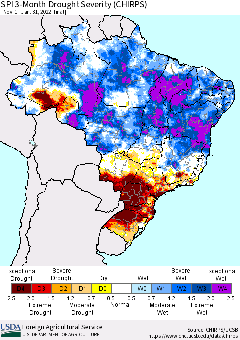 Brazil SPI 3-Month Drought Severity (CHIRPS) Thematic Map For 11/1/2021 - 1/31/2022