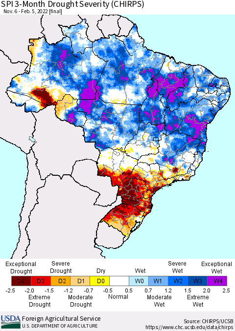 Brazil SPI 3-Month Drought Severity (CHIRPS) Thematic Map For 11/6/2021 - 2/5/2022
