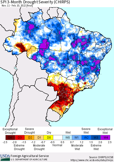 Brazil SPI 3-Month Drought Severity (CHIRPS) Thematic Map For 11/11/2021 - 2/10/2022