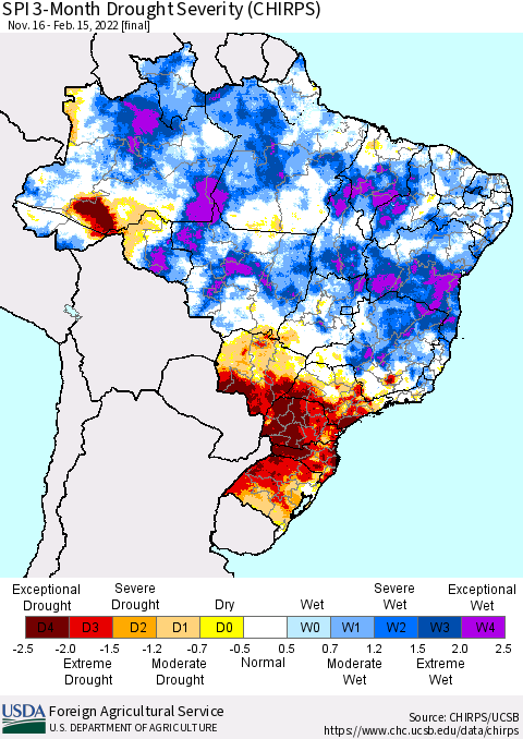 Brazil SPI 3-Month Drought Severity (CHIRPS) Thematic Map For 11/16/2021 - 2/15/2022