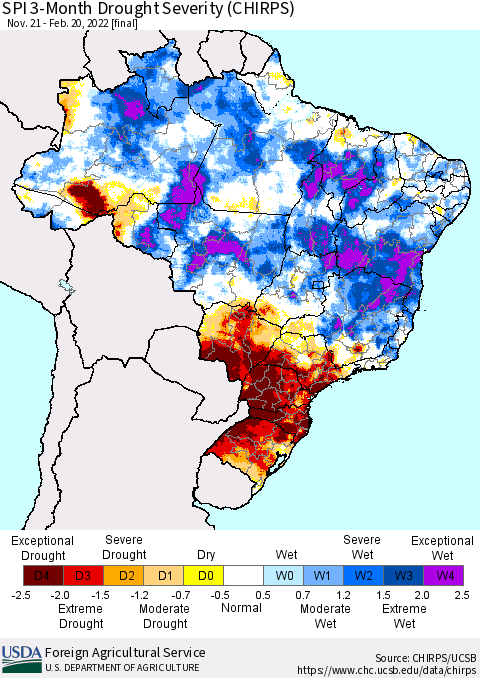 Brazil SPI 3-Month Drought Severity (CHIRPS) Thematic Map For 11/21/2021 - 2/20/2022