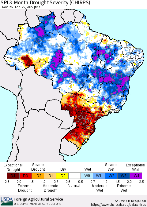 Brazil SPI 3-Month Drought Severity (CHIRPS) Thematic Map For 11/26/2021 - 2/25/2022