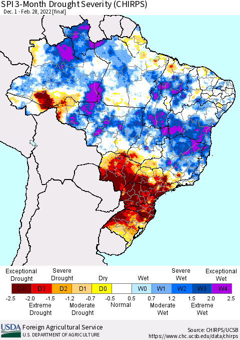 Brazil SPI 3-Month Drought Severity (CHIRPS) Thematic Map For 12/1/2021 - 2/28/2022