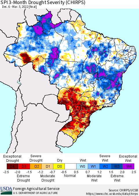 Brazil SPI 3-Month Drought Severity (CHIRPS) Thematic Map For 12/6/2021 - 3/5/2022