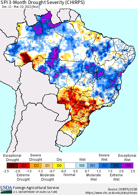 Brazil SPI 3-Month Drought Severity (CHIRPS) Thematic Map For 12/11/2021 - 3/10/2022