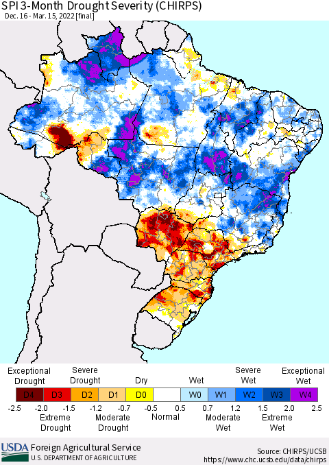 Brazil SPI 3-Month Drought Severity (CHIRPS) Thematic Map For 12/16/2021 - 3/15/2022