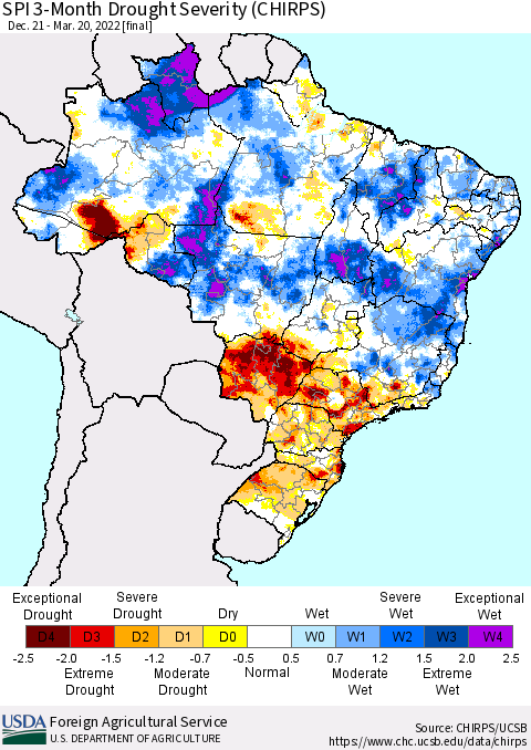 Brazil SPI 3-Month Drought Severity (CHIRPS) Thematic Map For 12/21/2021 - 3/20/2022